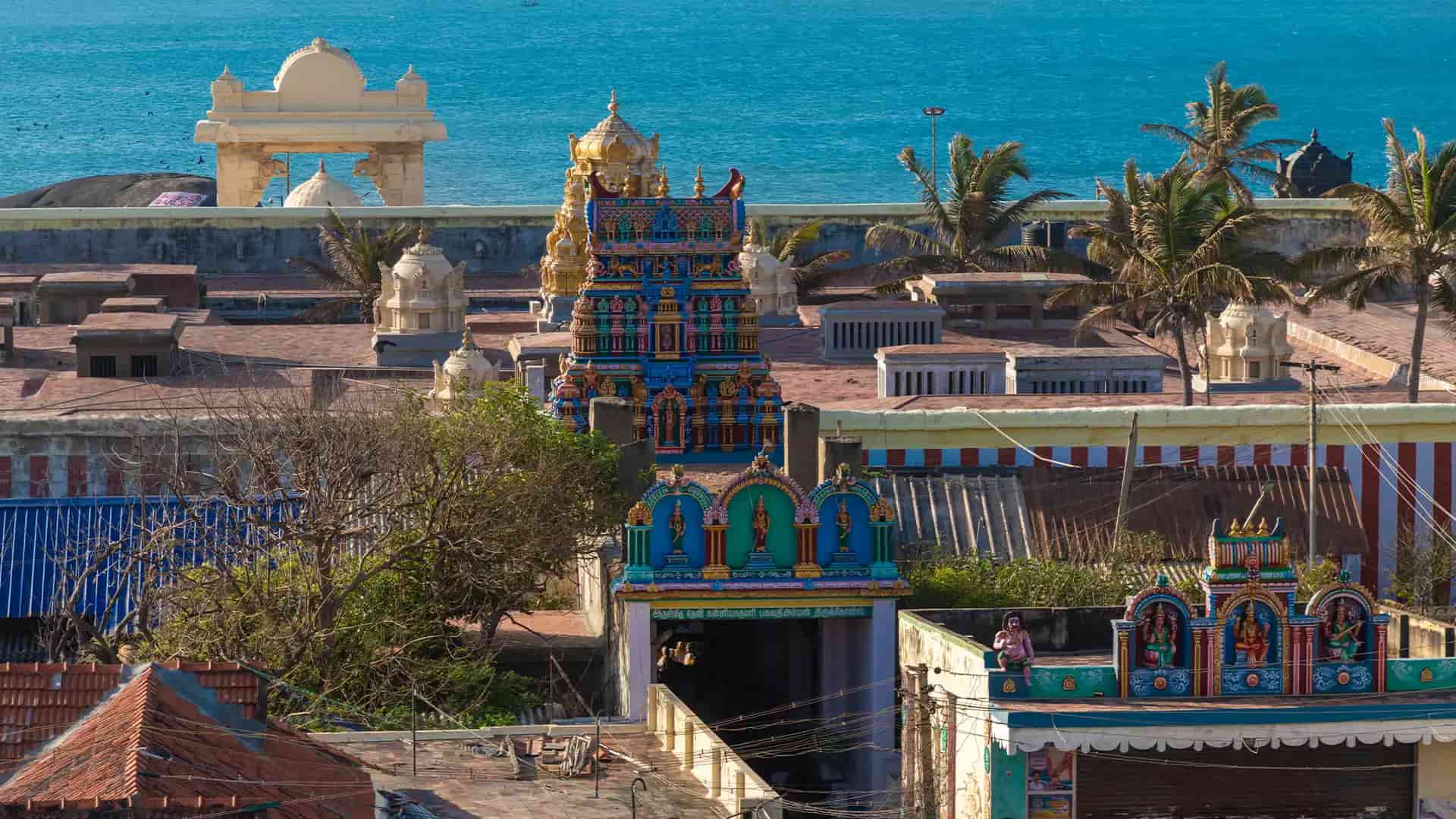 The sacred Kanyakumari Amman Temple standing near the ocean shore