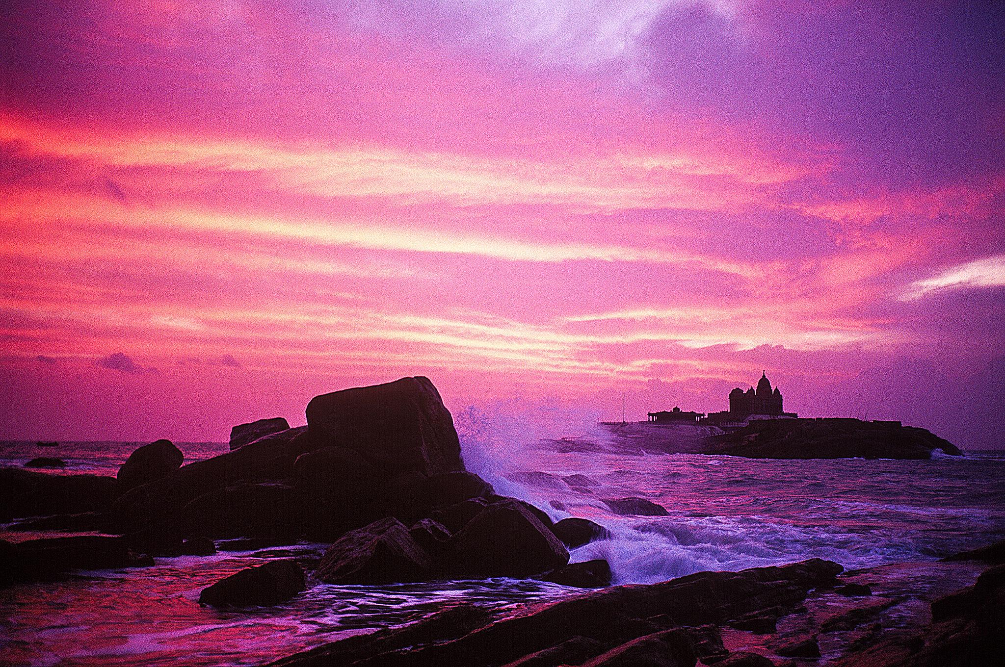 Dramatic sunset over the ocean at Kanyakumari