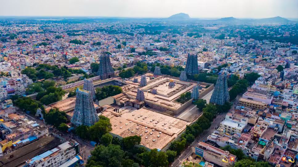 Aerial view of Madurai's temple complex surrounded by the bustling city
