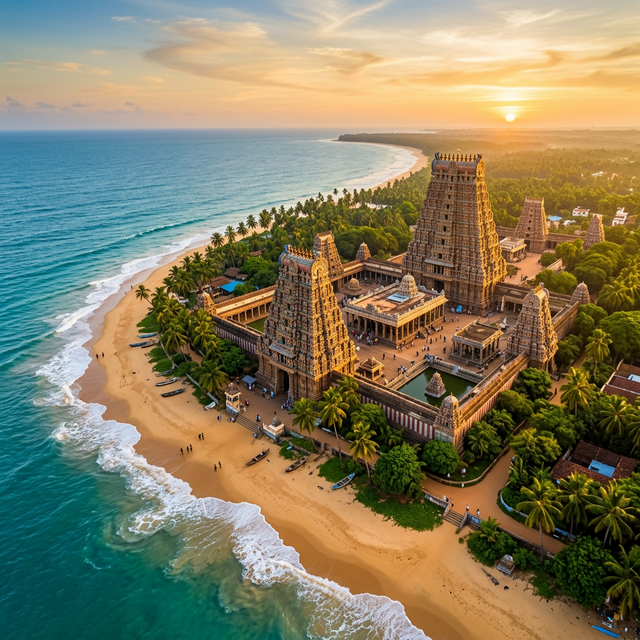 Ancient temple by the ocean shore at golden hour